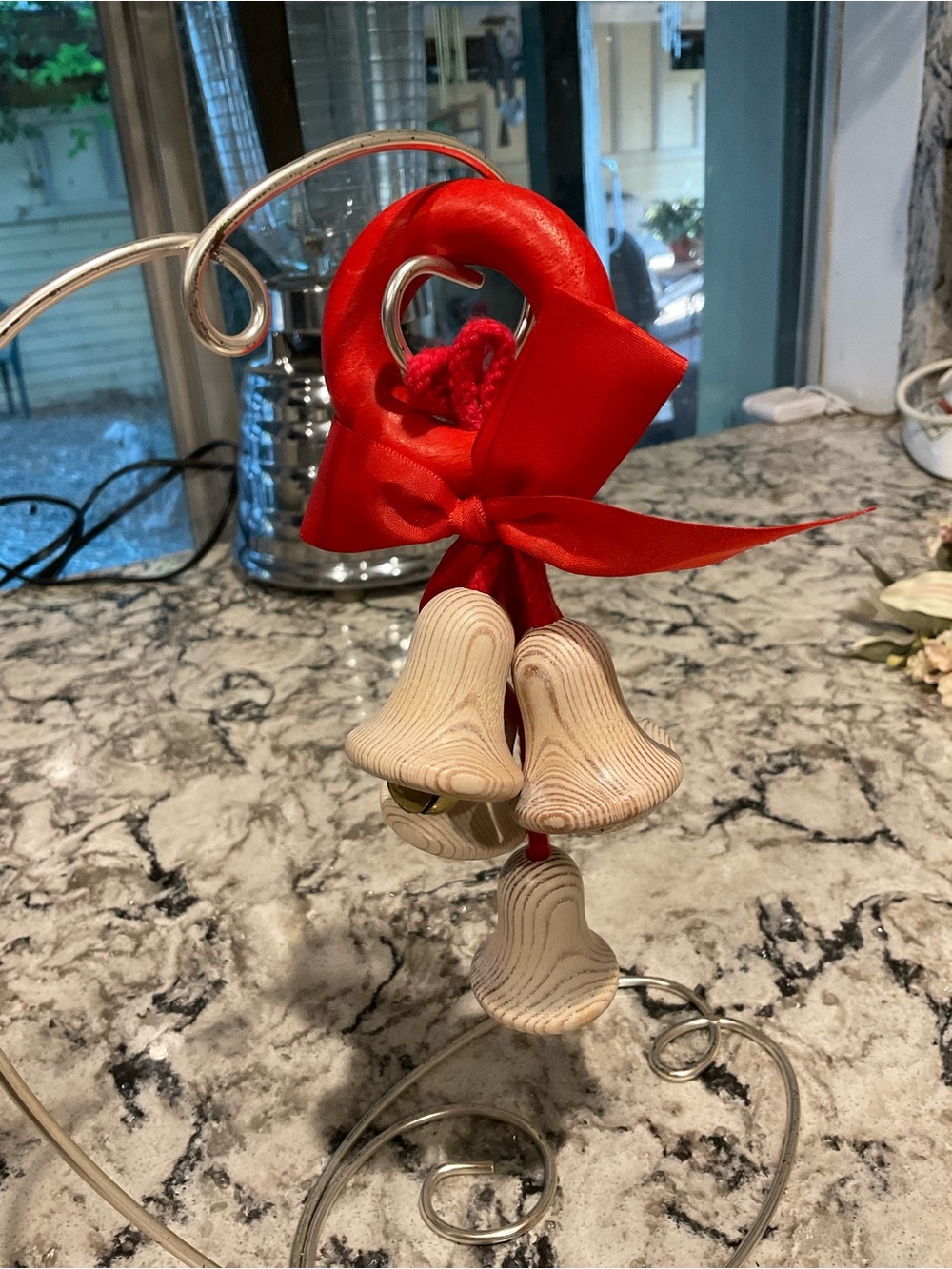 Handcrafted Wooden Bell Ornament with Red Ribbon